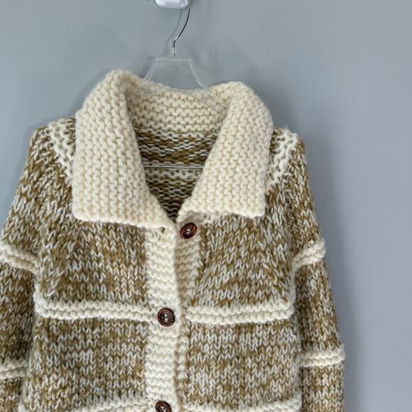 Stunning VTG Hand Knit Chunky Long Cardigan Belted Mustard Yellow Cream S Pocket - Picture 5 of 7